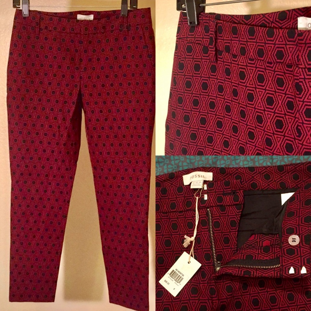 Fossil Mod Trouser Red And Black Patterned Size 6 - Picture 5 of 5